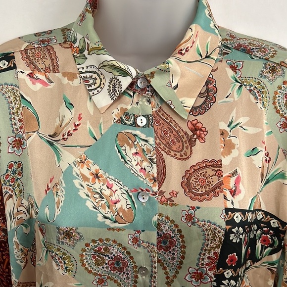 ZARA Satin Effect Womens Neutral Multicolor Paisley Boho Shirt Size M - Picture 3 of 6